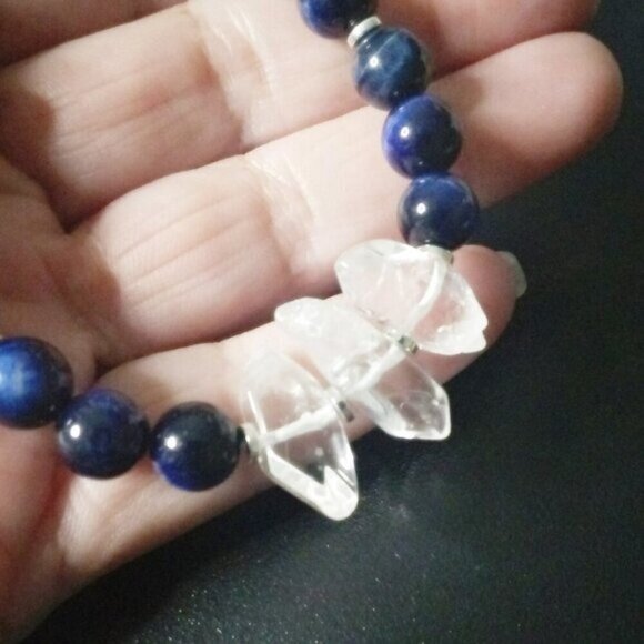 Blue Dye TigersEye & Quartz Crystal Bracelet - 7-7.5" Wrist - Stunning Colors! - Picture 2 of 9